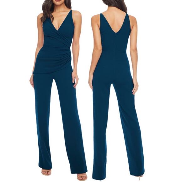 Dress The Population NWT Peacock Blue Sam Ruched V Neck Jumpsuit Size XXS - Picture 1 of 9